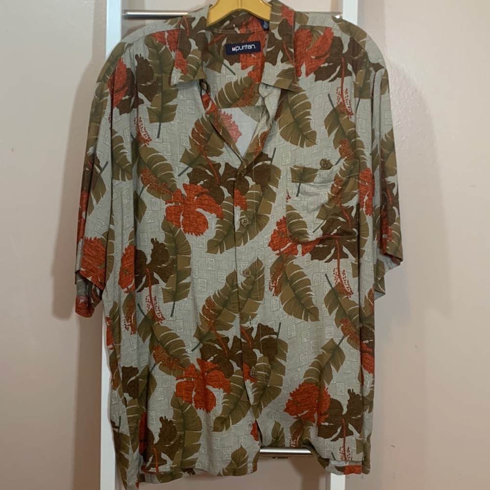 Puritan Palm Leaves Green, Brown & Orange Tropical Short Sleeve Button Down 🥳…
